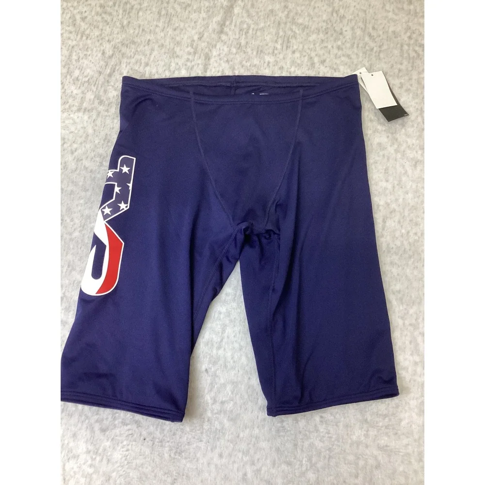 TYR Mens Logo Jammer USA Swim Trunks Navy Blue Stars Stripes Size 36 L B13019H